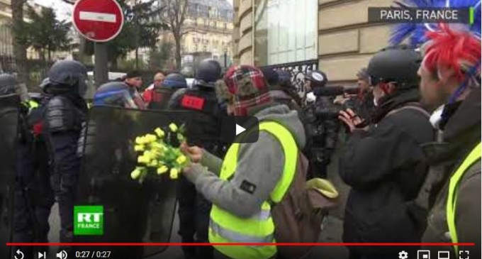 Un Gilet jaune met une fleur à l’uniforme d’un policier, son collègue l’écrase et la jette par terre