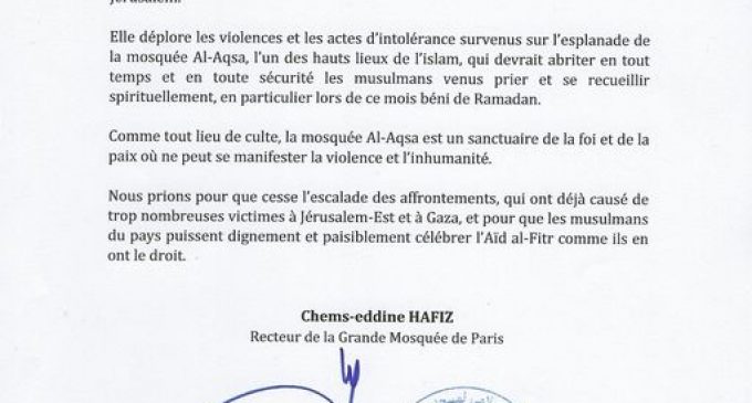 La mosquée de Paris et son président « déplorent » les événements en Palestine comme on « déplorerait » un accident / une catastrophe naturelle.