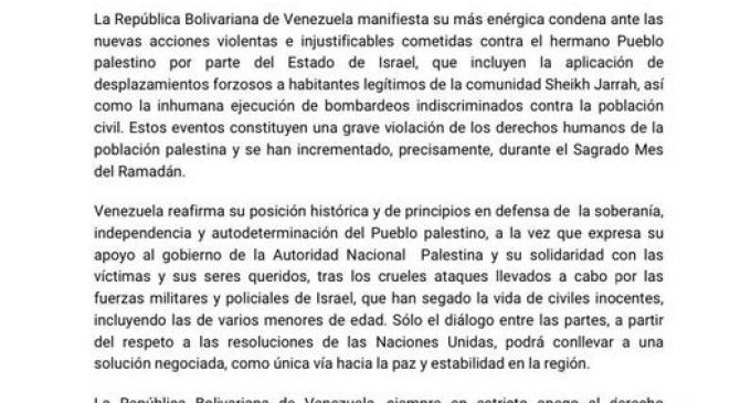 Le Venezuela condamne les nouvelles actions violentes menées contre le peuple palestinien par Israël