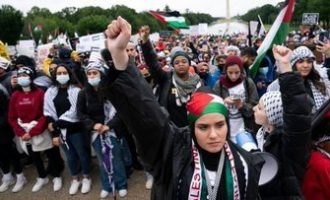 Manifestations massives pour Gaza et la Palestine au Mémorial de Lincoln à Washington.