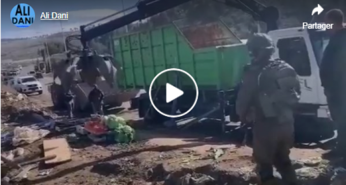 L’occupant israélien confisque les légumes des vendeurs palestiniens à l’extérieur du camp Al-Fawwar, sud de la Cisjordanie occupée.