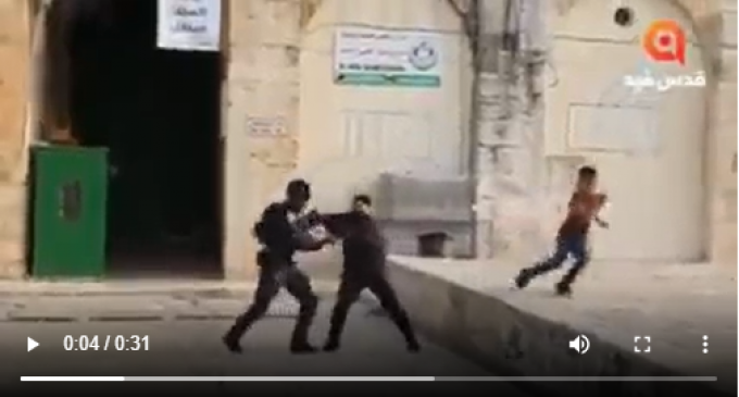 Palestine | Un soldat israélien terrorisant un père sans défense et son fils sans raison. Ils veulent effrayer les fidèles afin de donner aux colons sionistes provocateurs l’espace pour s’introduire dans la mosquée Al Aqsa.